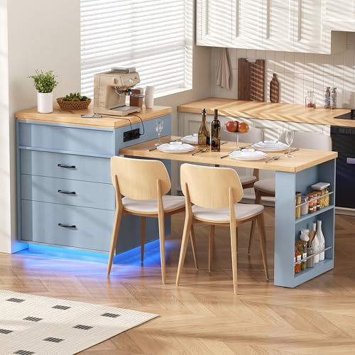 Yihomfy îLot De Cuisine sur roulettes, Table à Manger Extensible avec éClairage LED, Table...