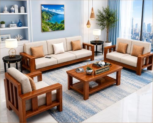 Image of Wooden Sofa Set with Center Table for Living Room | Wooden Sofa Set | 6 Seater Sofa Set | Solid Sheesham Wood Sofa Set for Living Room Furniture (3+2+1 Brown,Natural Teak Finish)