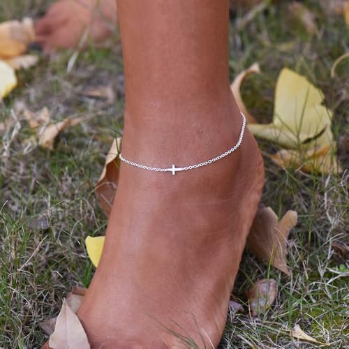 Image of Anklets for Women 14K Gold Plated Anklets Waterproof Ankle Bracelets for Women Silver Ankle Bracelet Layered Cross Satellite Bowknot Flower Pearl Beach Anklets Cute Jewelry Gift