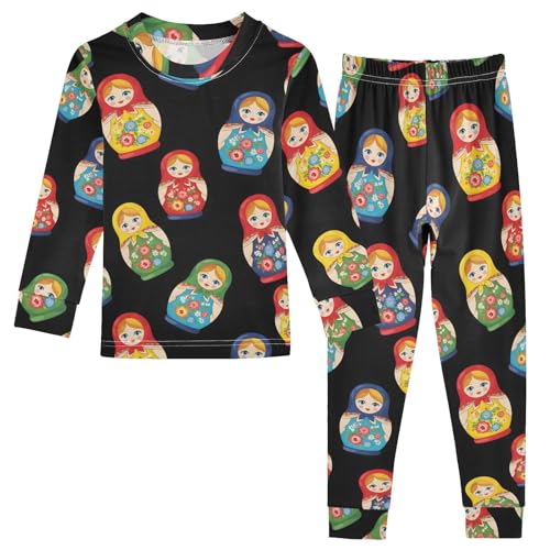 Pajama Sets Long Sleeve Matryoshka Dolls on Black Soft Comfy Sleepwear 2 Piece PJS 3-8T