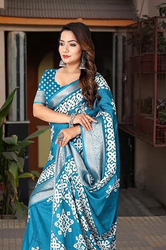 Image of Dola Silk Saree with Blouse Piece Intricate White Art Print and Zari Border | Perfect for Festive Occasions | Dola Silk | Silk Saree | Cotton Silk Saree | Silk Saree Collection.