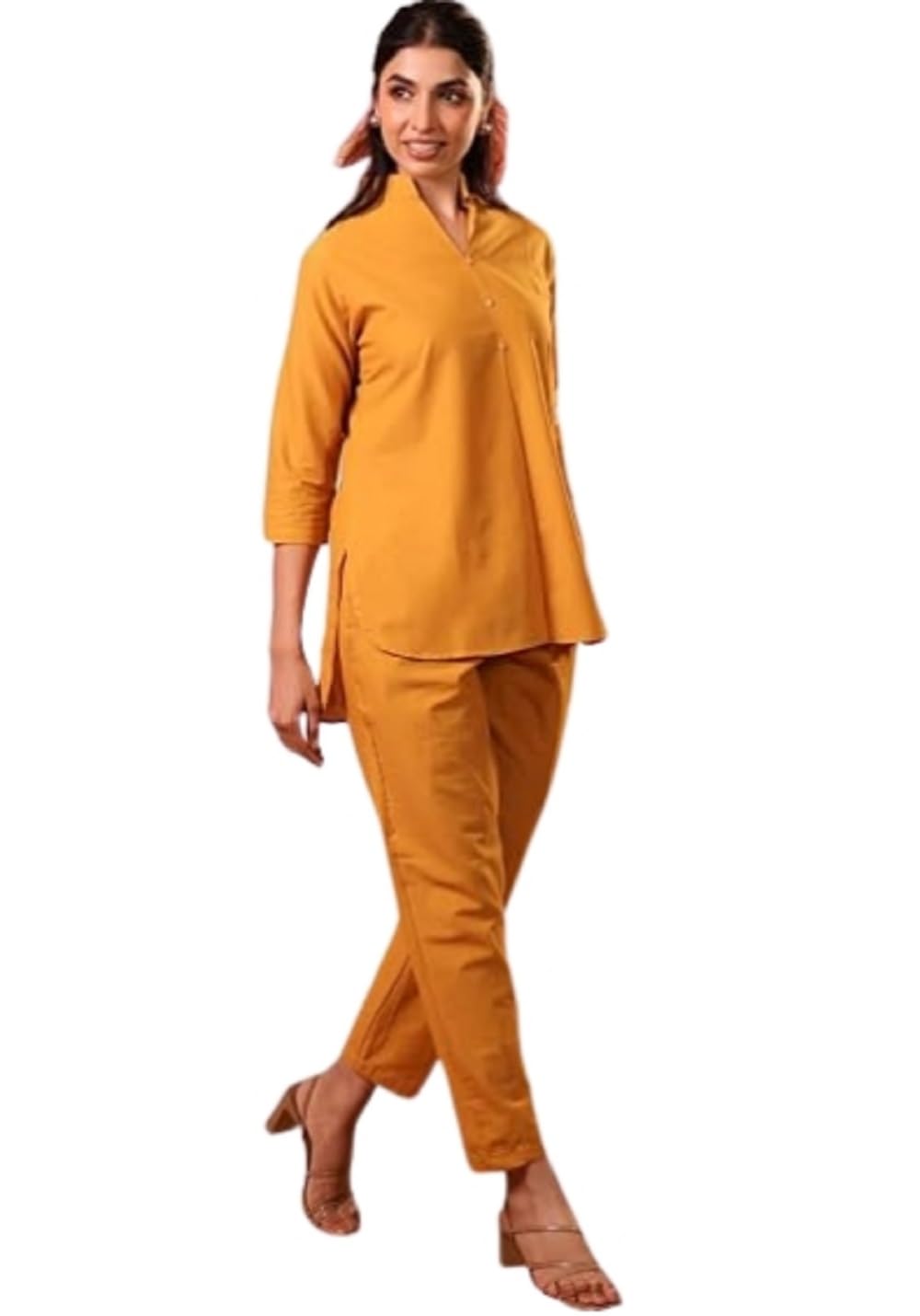 Rangrika.in Solid 3 Button Co Ord Set for Women Straight Fit Top and Pant Set Minimal Stylish Outfit for Office Wear Casual Daily Wear Comfortable Fashion (Yellow-XL)-picture-12