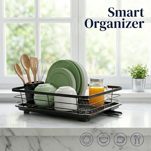 Image of flymore Dish Drying Rack with Cutlery Holder | Heavy Stainless Steel Kitchen Drying Rack with Drain Tray & Cutlery Holder | Countertop Utensils Stand - Sink Organization & Home Decor