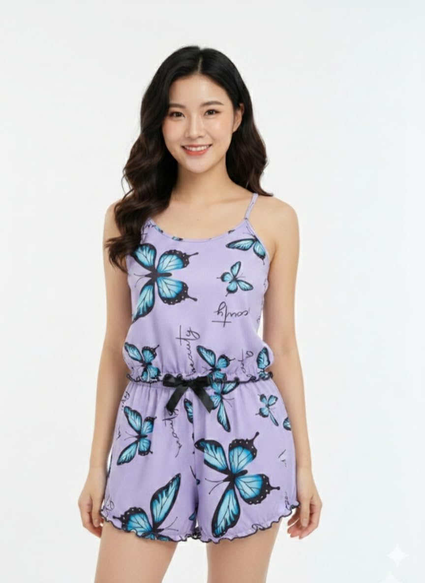 Butterfly Print Women Pajama Set, Cami Top with Shorts, Spaghetti Strap, 2 Piece Summer Sleepwear-image-17