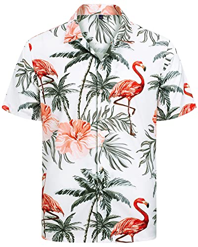J.VER Hawaiian Shirts for Men Christmas Short Sleeve Shirt Casual Summer Beach Holiday Party Aloha Funky Flower Printed Vacation Tops Flamingo White L