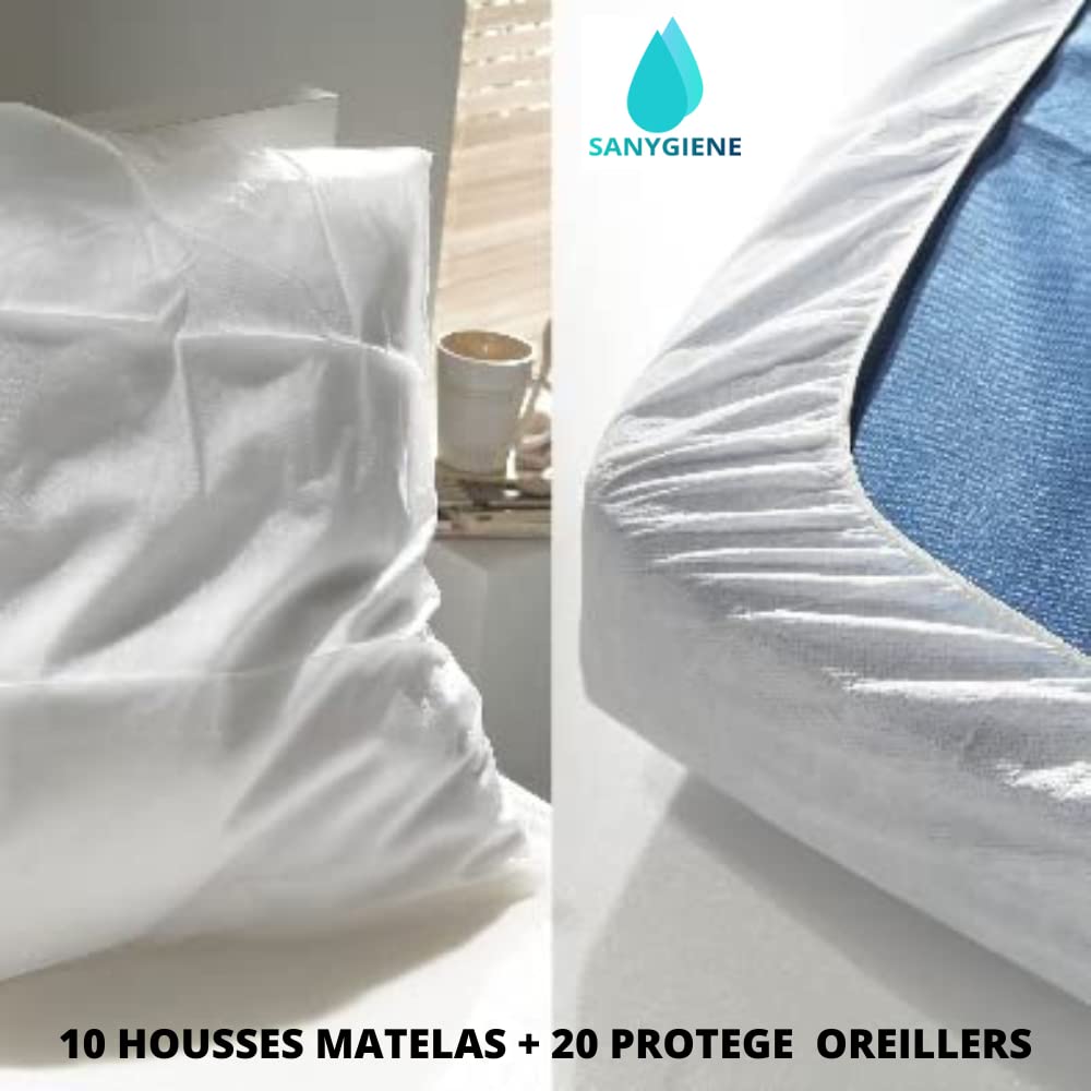 Kit Protection Literie Jetable 140X190/200 | 10 Housses Matelas 140X190-200 cm (Extensible) + 20 Taies Oreiller Usage Unique 60X60 cm | Hygiène Lit Tourisme et Médical