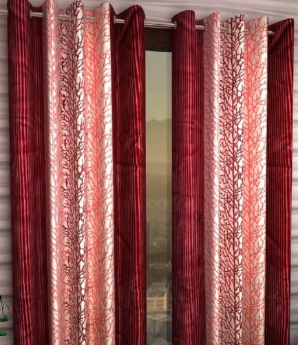 Image of FARRELL DECORLINE 2 Pieces Polyester Floral Eyelet Curtains, Door 7 Feet, Maroon, 2 Pieces Curtain