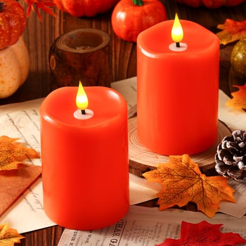 Image of Retisee 3 x 4 Inch LED Candles with Remote Timer Flickering Real Wax Battery Operated for Home Decor (Orange,4 Pcs)