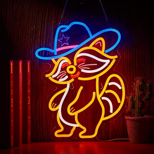 Image of Cowboy Racoon Neon Sign Raccoon Neon Light Cowboy LED Sign USB Powered Dimmable Art Signs for Bar Pub Store Man Cave Kids Room 16.2 X 12.6 inch