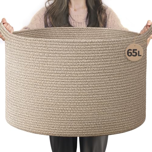 Image of INDRESSME Large Blanket Basket Woven Cotton Rope Basket 65L with Handles, Toy Storage Basket for Living Room Bedroom Nursery, Laundry Hamper for Clothes Towels, Wicker Blanket Home Decor Brown