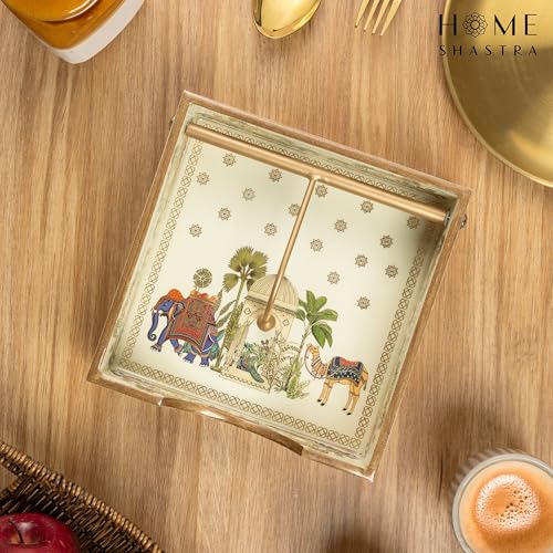 Image of Wooden Napkin Holder with Gold Engraving | Pack of 1 | Size : 7.5 x 7.5 inch | Enamel Coated Waterproof | Tissue Holder for Dining Table | (Royal Camel Napkin Holder)