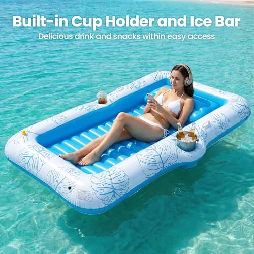 Zeraty Inflatable Tanning Bed Pool Lounger - 2-in-1 Tanning and Floating Rafts for Adults, Personal Sunbathing Pool with Cup Holder, Ice Tray and Sprinkler, for Beach Backyard (330lbs Capacity)