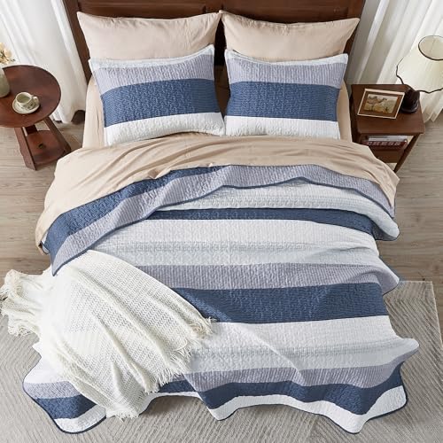 Image of Andency Oversized Queen Quilt Bedding Set, 98x98Inch Mineral Blue Stripe Bedspread Coverlet 3 Pieces, Soft Lightweight Blue Patchwork Quilted Bed Set for All Season (1 Quilt, 2 Pillowcases)