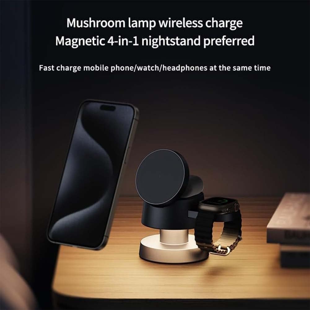 Chargeur sans Fil Magnétique 4 en 1, Chargeur sans Fil 4 en 1 Veilleuse Champignon, Chargement De Téléphone sans Fil avec Veilleuse, pour Montres, pour écouteurs, Black, 2PCS