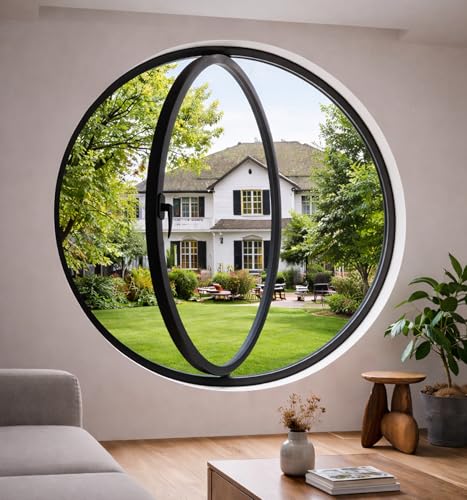 360° Rotating Round Window – Black Aluminum Alloy Frame with Clear Tempered Glass, Waterproof Ventilation Porthole for Bathroom, Bedroom, Living Room (27.5 inch)