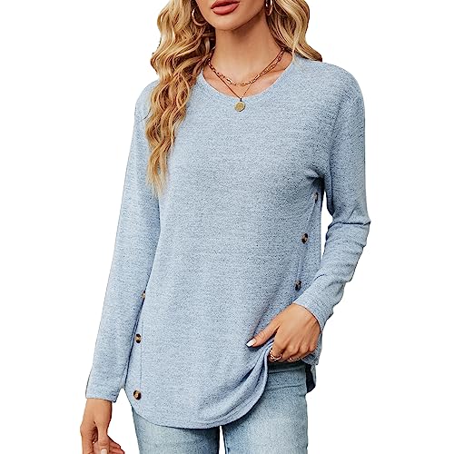 Camicia da Donna Maglietta a Maniche Lunga Elegante Camicette Blusa con Girocollo Top Casual Tinta Unita Moda T-Shirt da Donna