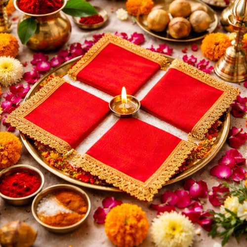 Set of 4 Puja Chunari Chunni Netted Cloth (20\ x 12\) Chunar Aasan Mat for God Idol Temple Frame Lakshmi Puja Navratri Diwali Pooja Mandir Cloth for Indian Traditional Festival Housewarming Decor(Red)