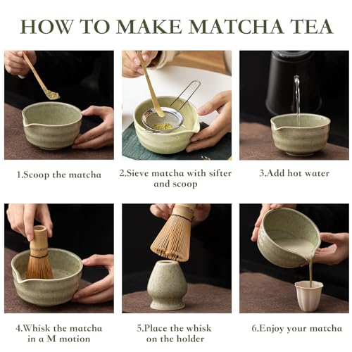5-PCS Japanese Matcha Tea Set - Ceramic Bowl with Spout & Holder, Bamboo Whisk (Chasen), Scoop, Sifter - Complete Traditional Tea Ceremony Kit for Beginners, Gift for Tea Lovers (Light green) — view 5