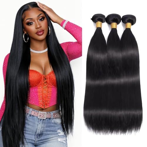 KODRHAR 10A Straight Bundles Human Hair 12 14 16 Inch Virgin Brazilian Straight Human Hair Weave 3 Bundles Natural Black Color