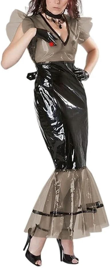 V Neck Fetish Transparent PVC Plastic Long Dress Exotic Open HIPS for Halloween Club Parties Evening