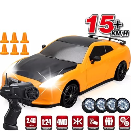 Image of Rc Drift Remote Control Car 1:24 Scale, High-Speed, 4Wd, Lights, Battery Racing Car, Drifting Tires, 2.4Ghz, for Kids (RC Drift II - Yellow)
