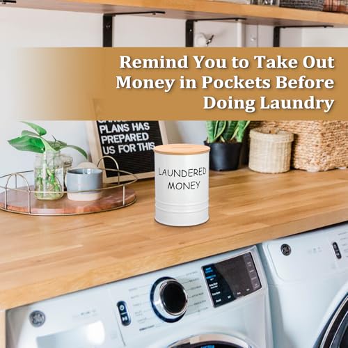 Hoowen Laundry Room Coin Bank Jar with Money Slot and Wooden Lid, Rustic Farmhouse Laundry Room Decor Cute Piggy Bank Funny Coin Jars, Sturdy Galvanized Iron Money Savings Jars for Home Adult