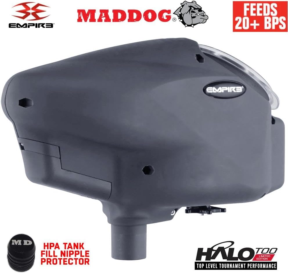 Maddog Empire Halo Too Electronic Paintball Loader with HK Army Epic Speed Feed and HPA Paintball Tank Fill Nipple Protector Accessory Package - 20+ BPS