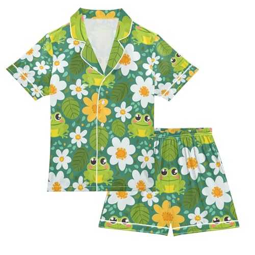 senya Cute Frog Flower with Leaf Satin Summer Pajama Sets Silk Short Sleeve Button Down Sleepwear