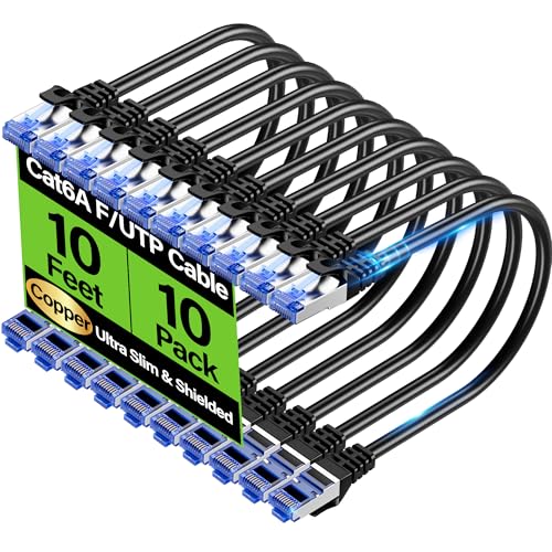 Image of Cat6A Ethernet Cable Shielded 10Gbps 10 ft (10 Pack), Slim Shielded (F /UTP) Ethernet Cable Cat 6, Flexible 28AWG Bare Copper Cat6 Cable, Space-saving Cat6a Network Cable for Server, Data Center, Black