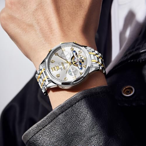 Image of OLEVS Automatic Men Watch Self Winding Mechanical Moon Phase Business Luxury Diamond Dress Stainless Steel Waterproof Luminous Mens Wrist Watch
