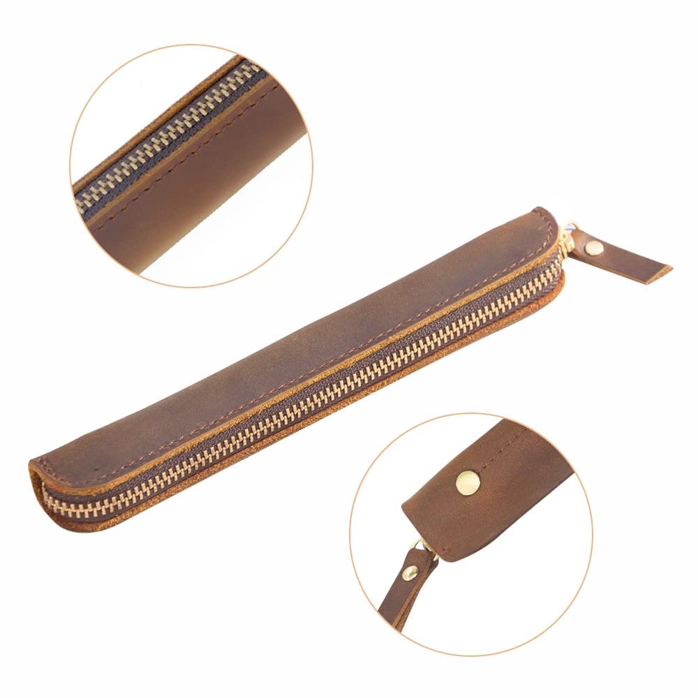 MiOYOOW Leather Pen Case, Head Layer Cowhide Pencil Pouch Retro Slim Pen Holder with Retaining Strap for Office College Travel - Image 4