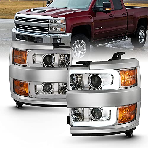 AmeriLite for 2015-2019 Chevy Silverado 2500HD 3500HD Work Truck Chrome Quad Projector Headlights w/Dual LED Tube Replacement Assembly Set - Passenger and Driver Side