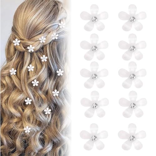 SGERUFZ 10 Mini Fermagli con Strass - Graziosi Accessori Decorativi per Acconciature da Sposa, Fiori, Fiorellini per Capelli, Accessori Capelli Comunione - Forcine Floreali (Bianchi)