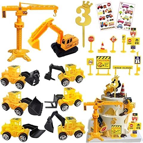 Cake Decoration Construction Site 3 Years Old 20 Pieces Digger Cake Toppers 3rd Birthday Boy Metal Plastic Construction Vehicles Traffic Signs Kids Construction Site Toy Cake Decoration Boy Cover