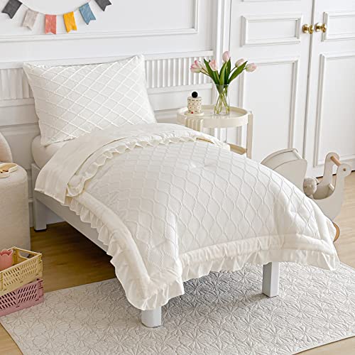 Aikasy Boho Toddler Bedding Set With Jacquard Plush And Ruffled Fringe - Comforter, Flat Sheet, Fitted Sheet, And Pillowcase - Suitable For Boys And Girls - White #TOP28