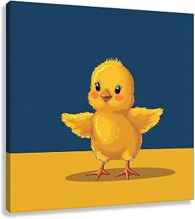 Humor Wall Art Canvas Print Decor Pictures Painting Artwork Cartoon Duck Funny Animal Cute Baby Bird Playful Chick Whimsical Living Room Bedroom Children'S Yellow Navy Blue 20X20Inch