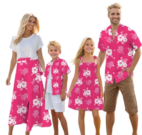 Cromoncent Matching Hawaiian Outfits for Family, Dad and Son Matching Luau Beach Tropical Shirts Mommy Daughter Tropical Sets,Hawaiian Shirt,Flower Hot Pink,Small