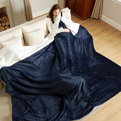Image of Bedsure GentleSoft Sherpa Fleece Cal King Blankets for Bed, Non-Heated, Thick and Warm Oversized Throw for Women and Men, Soft Fuzzy Plush Large Blanket for Winter, Navy, 112x98 Inches