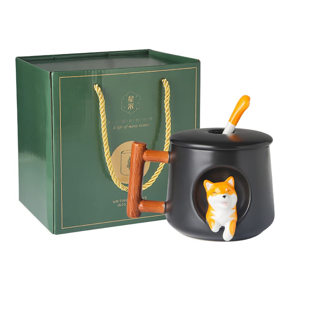 420 ml nowe ceramiczne urocze kubki do kawy, 14 uncji kubek do herbaty Shiba Inu kubek biurowy uroczy kubek do mleka z motywem psów 3D z łyżeczką w pokrywce, prezent dla rodziny i przyjaciół w biurze