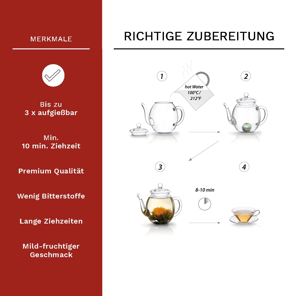 Creano Teeblumen Mix - Geschenkset Erblühtee mit Glaskanne & 2x 250ml Thermogläser - Weißer Tee (in 6 Sorten)