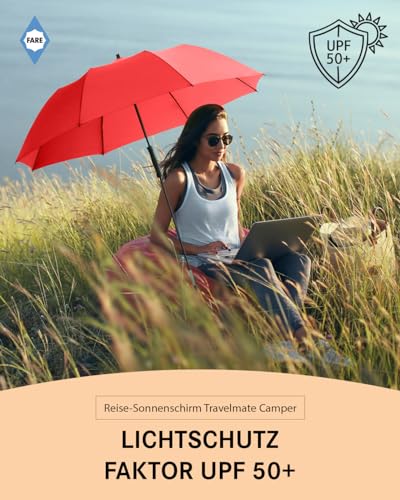 FARE Reise-Sonnenschirm Travelmate Camper – Leicht & Kompakt, UV-Schutz UPF50+, Ideal für Reisen, Strand, Outdoor & Camping - Als Regenschirm nutzbar