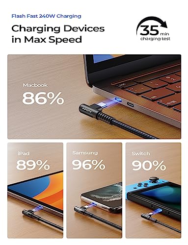 Image of AINOPE 240W USB C to USB C Cable (6.6ft 2Pack) USB C to USB C Fast Charging Cable, Right Angle USB C Charger Cable for iPhone16 Charger Cord, MacBook Pro, iPad Pro /Air,Samsung,Black
