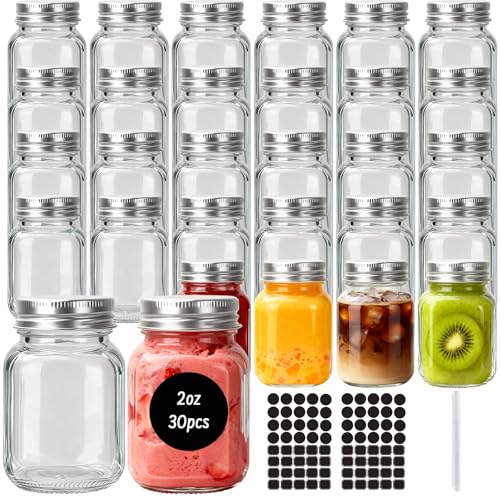 Betrome 30 Pack 2 oz Glass Mason Jars with Silver Lids Mini Spice Jars
