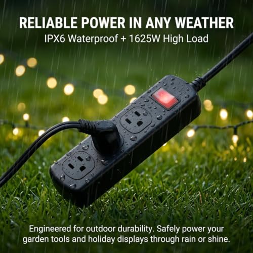 Zewhab Outdoor Power Strip Extensión con Protector contra Sobretensiones Impermeable IPX6, 3 Tomas Amplias, Enchufe Plano, Cable de 3 pies, 13A 1625W (Negro) miniatura 2