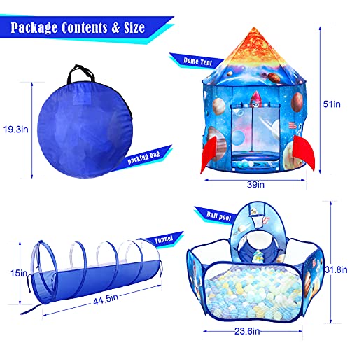 Image of PigPigPen 3pc Kids Play Tent for Boys with Ball Pit, Crawl Tunnel, Rocket Ship Tents for Toddlers, Baby Space World Playhouse Toys, Boys Indoor& Outdoor Play House, Perfect Kid's Gifts