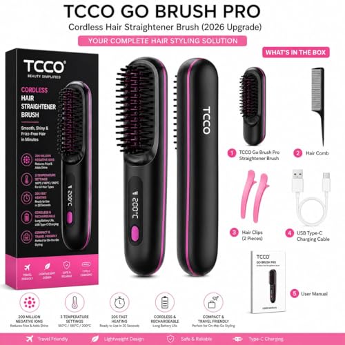 Image of TCCO Cordless Hair Straightener Brush for Women | Portable Rechargeable Hair Straightening Comb | 20s Fast Heat | 3 Temperature Settings | Ionic Ceramic Anti-Frizz Styling | USB-C 4000mAh Travel Friendly Mini Straightener