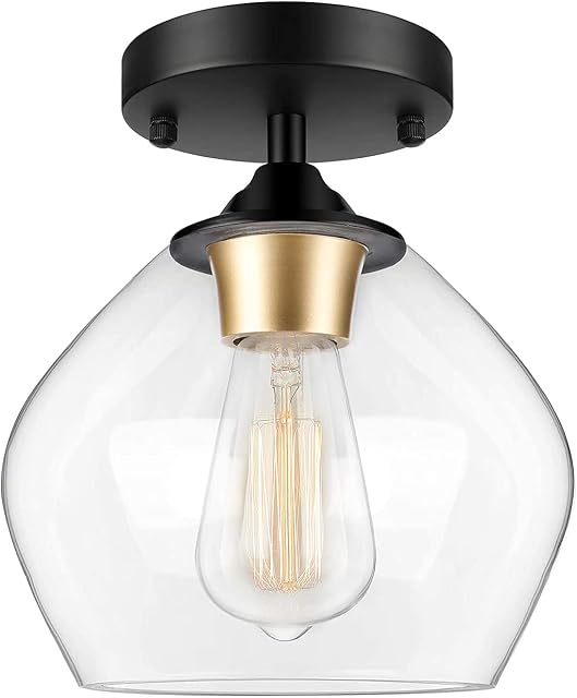 Modern Semi Flush Mount Ceiling Light with Clear Glass Shade, Industrial Close to Ceiling Light, Black Hanging Ceiling Light Fixture for Hallway, Dining Room, Bedroom, Entryway, Cafe, Bar, Foyer