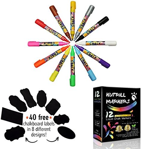 Liquid Chalk Markers, 12 Pack (Metallic Gold & Silver included) with 40 Pcs of Chalkboard Labels, 4 Reversible Bullet and Chisel Tips - Non-Toxic, Odorless, Erasable by KUTRILL