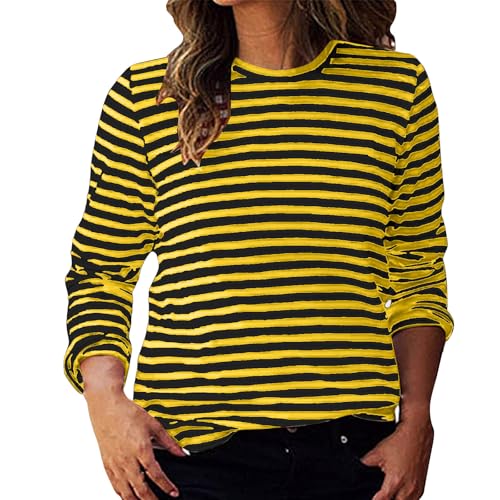 Ybing Y2K Camiseta de manga larga a rayas para mujer, informal, cuello redondo, blusa holgada, camiseta de manga larga, ligera, cómoda, deportiva, de algodón, camiseta de manga larga, top básico