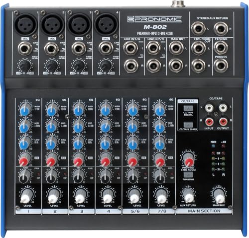 Table de mixage Pronomic M-802 avec 4 canaux mono XLR et alimentation phantom 48V